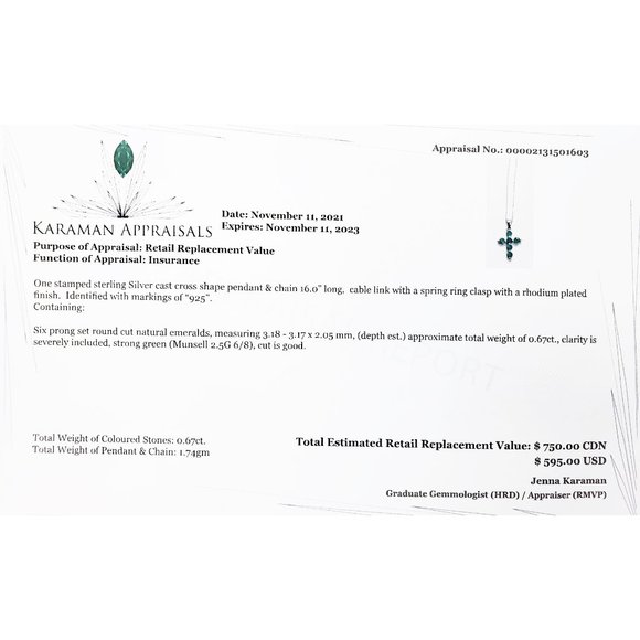 Sterling Silver Cross Emerald Pendant and Chain - Picture 2 of 2